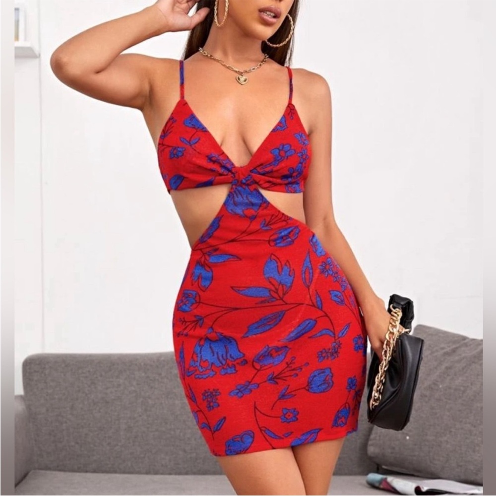 Red and Blue Floral Cutout Dress
